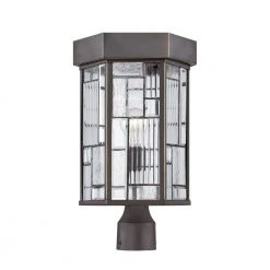 Kingsley 17.25 in. Aged Bronze Patina 1-Light Outdoor Post Lamp with Clear Seedy and Ribbed Glass Shade by Designers Fountain