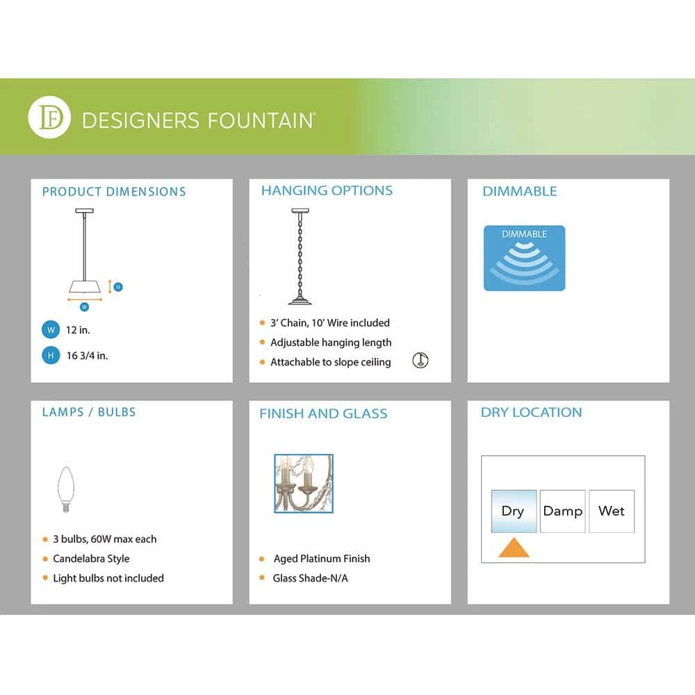 Dahlia 3-Light Aged Platinum Mini Chandelier by Designers Fountain 7 Dahlia 3-Light Aged Platinum Mini Chandelier by Designers Fountain - Image 5