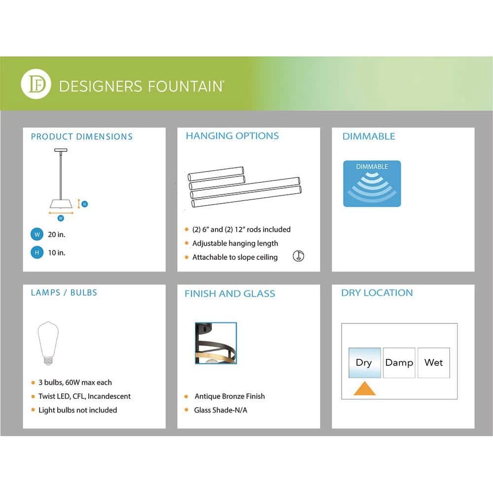 Mya 3-Light Antique Bronze Pendant by Designers Fountain 9 Mya 3-Light Antique Bronze Pendant by Designers Fountain - Image 7