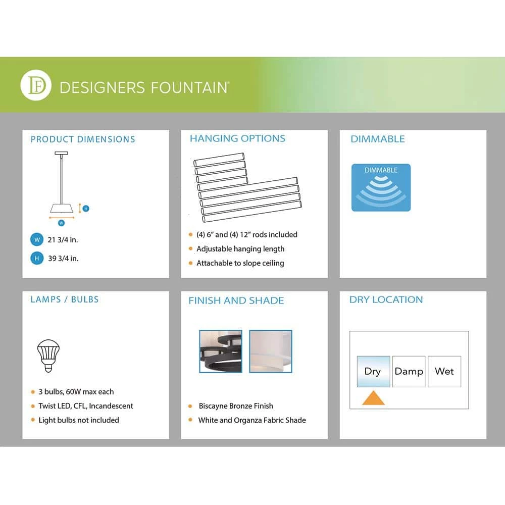 Fusion 3-Light Biscayne Bronze Interior Incandescent Pendant by Designers Fountain 7 Fusion 3-Light Biscayne Bronze Interior Incandescent Pendant by Designers Fountain - Image 5