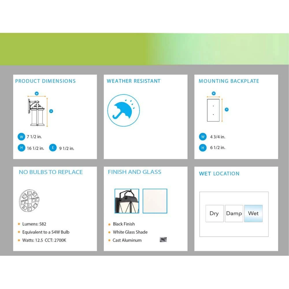 16.5 in. Black Smart LED Outdoor Wall Lamp with Frosted Glass Shade by Designers Fountain 15 16.5 in. Black Smart LED Outdoor Wall Lamp with Frosted Glass Shade by Designers Fountain - Image 13