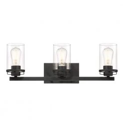 24 in. Jedrek 3-Light Black Industrial Bathroom Vanity Light with Clear Glass Shades by Designers Fountain