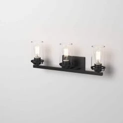 24 in. Jedrek 3-Light Black Industrial Bathroom Vanity Light with Clear Glass Shades by Designers Fountain -Designers Fountain Shop black designers fountain vanity lighting 93303 bk c3 1000