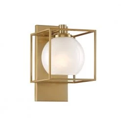 6.75 in. Cowen 1-Light Brushed Gold Mid-Century Modern Wall Mount Sconce Light with Etched Glass Shade by Designers Fountain