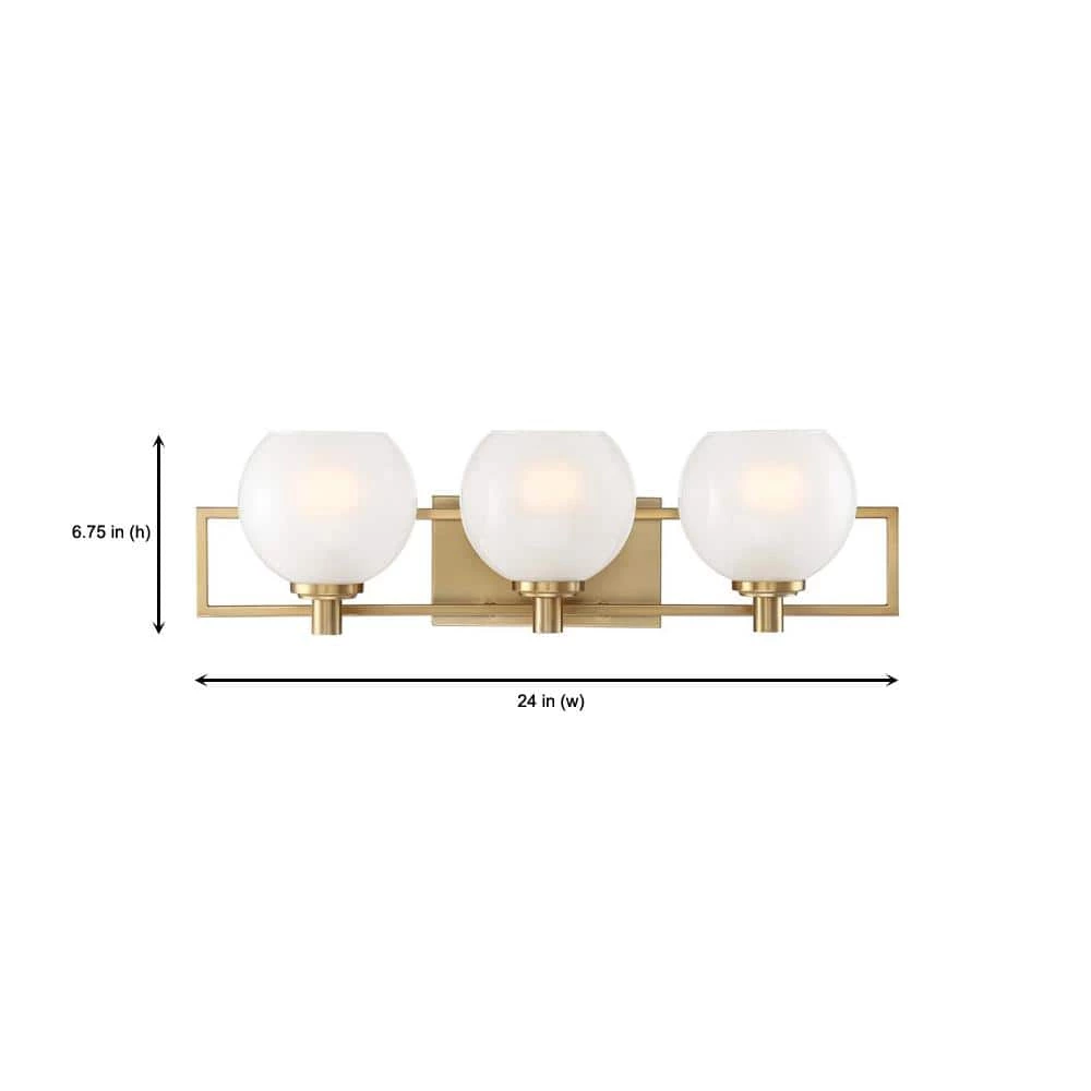 24 in. Cowen 3-Light Brushed Gold Mid-Century Modern Bathroom Vanity Light with Etched Glass Shades by Designers Fountain 7 24 in. Cowen 3-Light Brushed Gold Mid-Century Modern Bathroom Vanity Light with Etched Glass Shades by Designers Fountain - Image 5