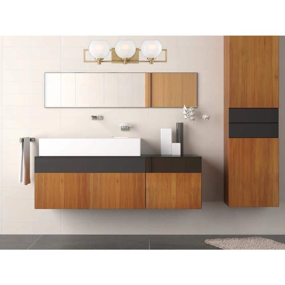 24 in. Cowen 3-Light Brushed Gold Mid-Century Modern Bathroom Vanity Light with Etched Glass Shades by Designers Fountain 4 24 in. Cowen 3-Light Brushed Gold Mid-Century Modern Bathroom Vanity Light with Etched Glass Shades by Designers Fountain - Image 2