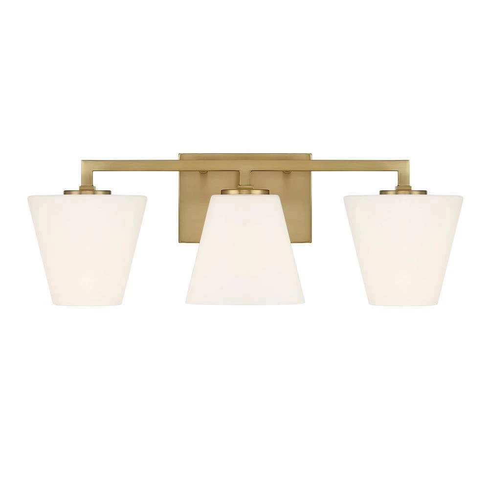 24 in. Palmyra 3-Light Brushed Gold Mid-Century Modern Bathroom Vanity Light with Etched Opal Glass Shades by Designers Fountain 9 24 in. Palmyra 3-Light Brushed Gold Mid-Century Modern Bathroom Vanity Light with Etched Opal Glass Shades by Designers Fountain - Image 7