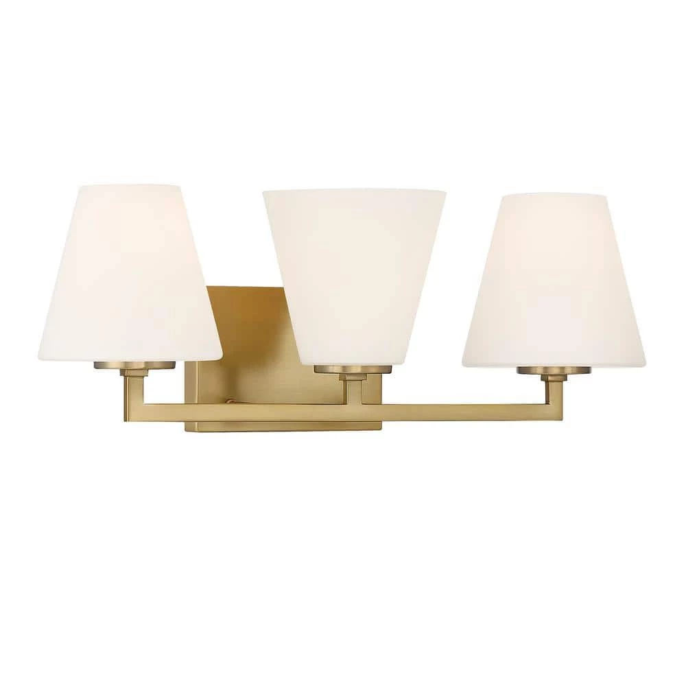24 in. Palmyra 3-Light Brushed Gold Mid-Century Modern Bathroom Vanity Light with Etched Opal Glass Shades by Designers Fountain 3 24 in. Palmyra 3-Light Brushed Gold Mid-Century Modern Bathroom Vanity Light with Etched Opal Glass Shades by Designers Fountain
