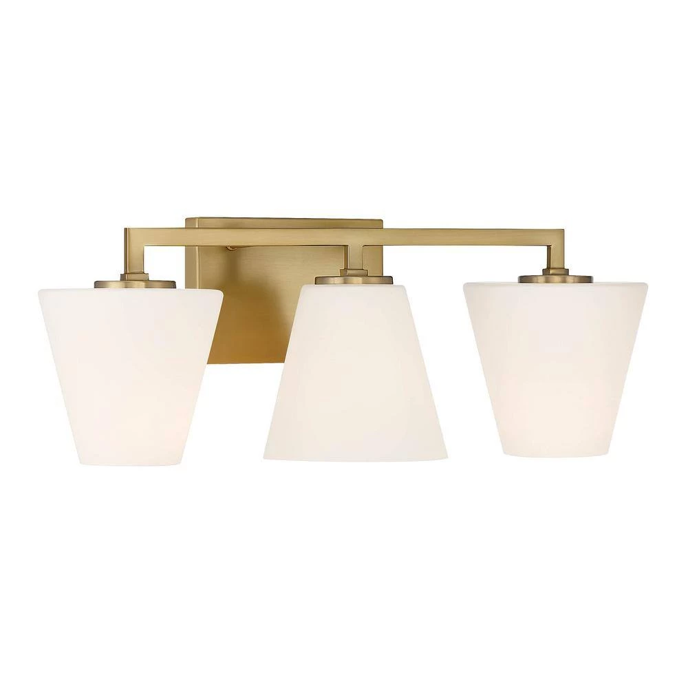 24 in. Palmyra 3-Light Brushed Gold Mid-Century Modern Bathroom Vanity Light with Etched Opal Glass Shades by Designers Fountain 11 24 in. Palmyra 3-Light Brushed Gold Mid-Century Modern Bathroom Vanity Light with Etched Opal Glass Shades by Designers Fountain - Image 9