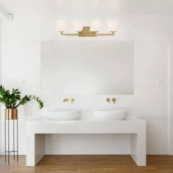 32.75 in. Palmyra 4-Light Brushed Gold Mid-Century Modern Bathroom Vanity Light with Etched Glass Shades by Designers Fountain -Designers Fountain Shop brushed gold designers fountain vanity lighting d255m 4b bg 4f 1000