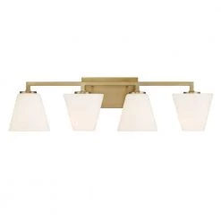 32.75 in. Palmyra 4-Light Brushed Gold Mid-Century Modern Bathroom Vanity Light with Etched Glass Shades by Designers Fountain