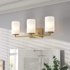 23.5 in. Leavenworth 3-Light Brushed Gold Modern Bathroom Vanity Light with Etched Ribbed Glass Shades by Designers Fountain -Designers Fountain Shop brushed gold designers fountain vanity lighting d257m 3b bg 77 1000