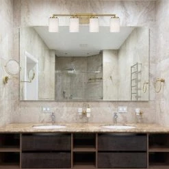 33 in. Leavenworth 4-Light Brushed Gold Modern Bathroom Vanity Light with Etched Opal Glass Shades by Designers Fountain -Designers Fountain Shop brushed gold designers fountain vanity lighting d257m 4b bg 4f 1000