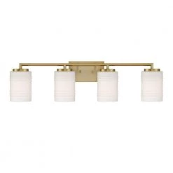33 in. Leavenworth 4-Light Brushed Gold Modern Bathroom Vanity Light with Etched Opal Glass Shades by Designers Fountain