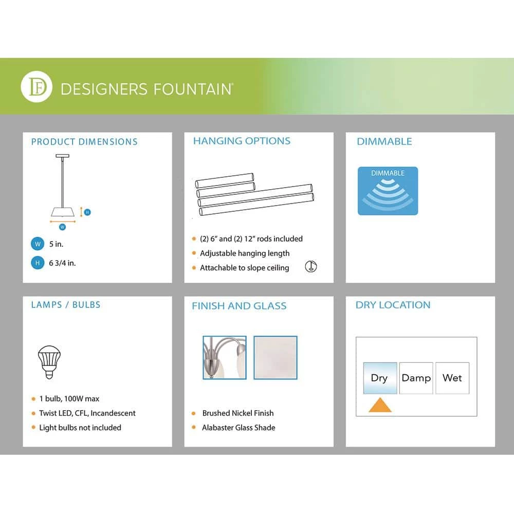 Torino 1-Light Brushed Nickel Mini Pendant by Designers Fountain 10 Torino 1-Light Brushed Nickel Mini Pendant by Designers Fountain - Image 8