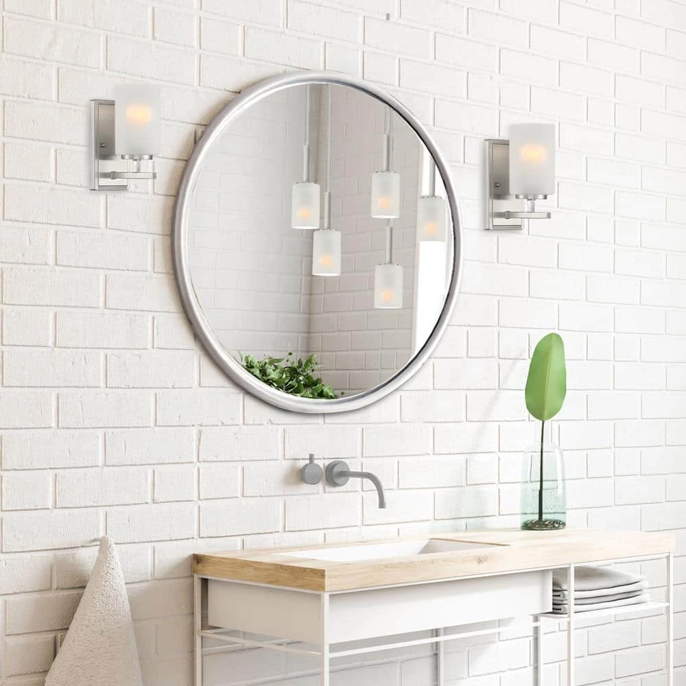 4.5 in. Carmine 1-Light Brushed Nickel Modern Wall Mount Sconce Light with Etched Glass Shade by Designers Fountain 4 4.5 in. Carmine 1-Light Brushed Nickel Modern Wall Mount Sconce Light with Etched Glass Shade by Designers Fountain - Image 2