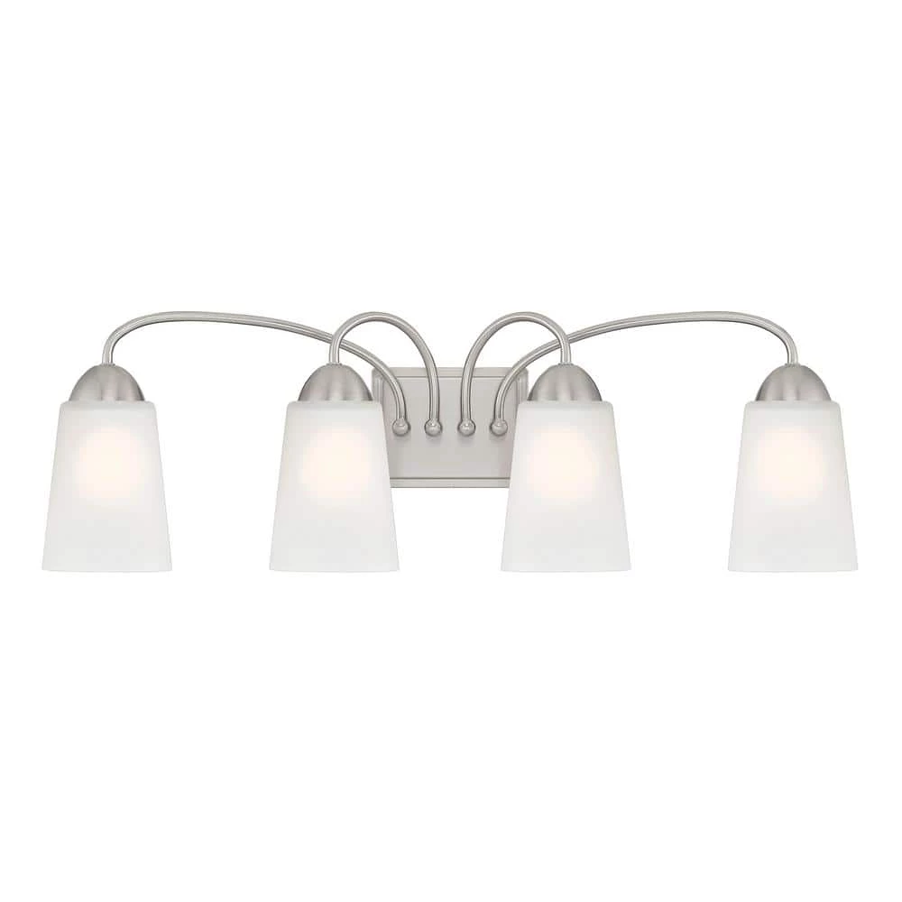 28.75 in. Malone 4-Light Brushed Nickel Transitional Bathroom Vanity Light with Etched Glass Shades by Designers Fountain 3 28.75 in. Malone 4-Light Brushed Nickel Transitional Bathroom Vanity Light with Etched Glass Shades by Designers Fountain