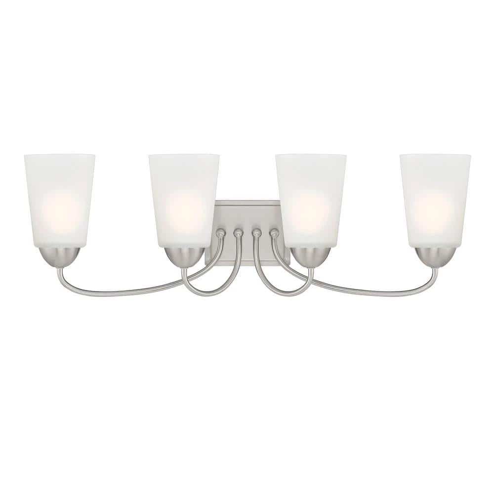28.75 in. Malone 4-Light Brushed Nickel Transitional Bathroom Vanity Light with Etched Glass Shades by Designers Fountain 5 28.75 in. Malone 4-Light Brushed Nickel Transitional Bathroom Vanity Light with Etched Glass Shades by Designers Fountain - Image 3