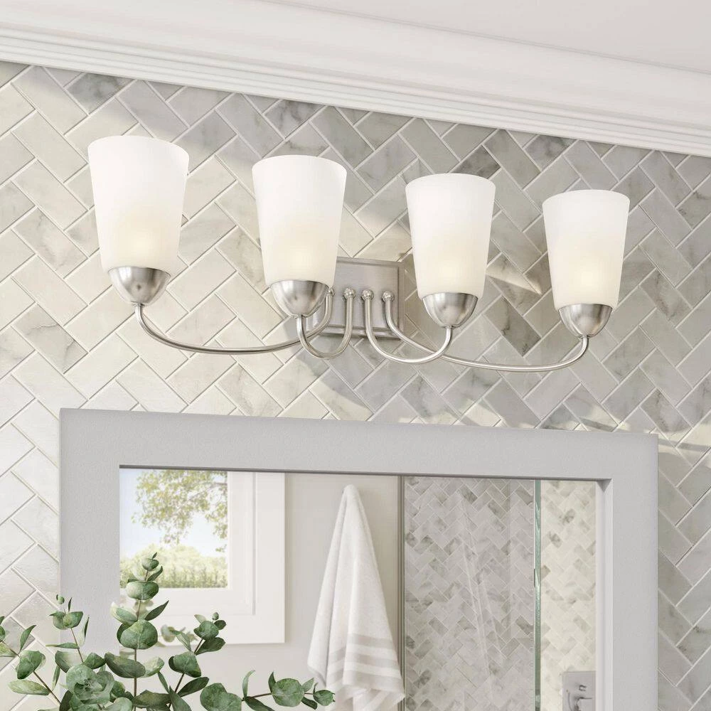 28.75 in. Malone 4-Light Brushed Nickel Transitional Bathroom Vanity Light with Etched Glass Shades by Designers Fountain 4 28.75 in. Malone 4-Light Brushed Nickel Transitional Bathroom Vanity Light with Etched Glass Shades by Designers Fountain - Image 2