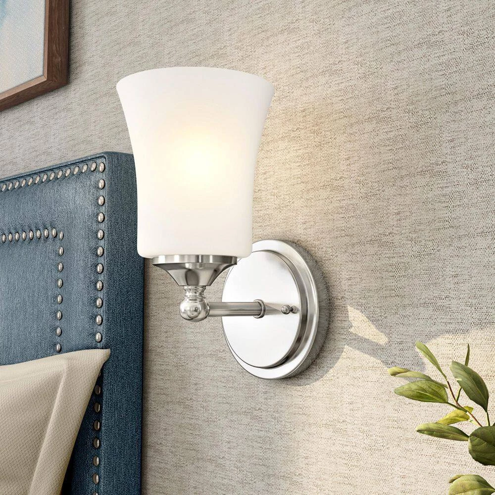 Bronson 9.5 in. 1-Light Brushed Nickel Wall Sconce with Frosted Glass Shade by Designers Fountain 5 Bronson 9.5 in. 1-Light Brushed Nickel Wall Sconce with Frosted Glass Shade by Designers Fountain - Image 3