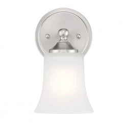Bronson 9.5 in. 1-Light Brushed Nickel Wall Sconce with Frosted Glass Shade by Designers Fountain 15 Bronson 9.5 in. 1-Light Brushed Nickel Wall Sconce with Frosted Glass Shade by Designers Fountain -Designers Fountain Shop brushed nickel designers fountain vanity lighting d278m ws bn 4f 1000