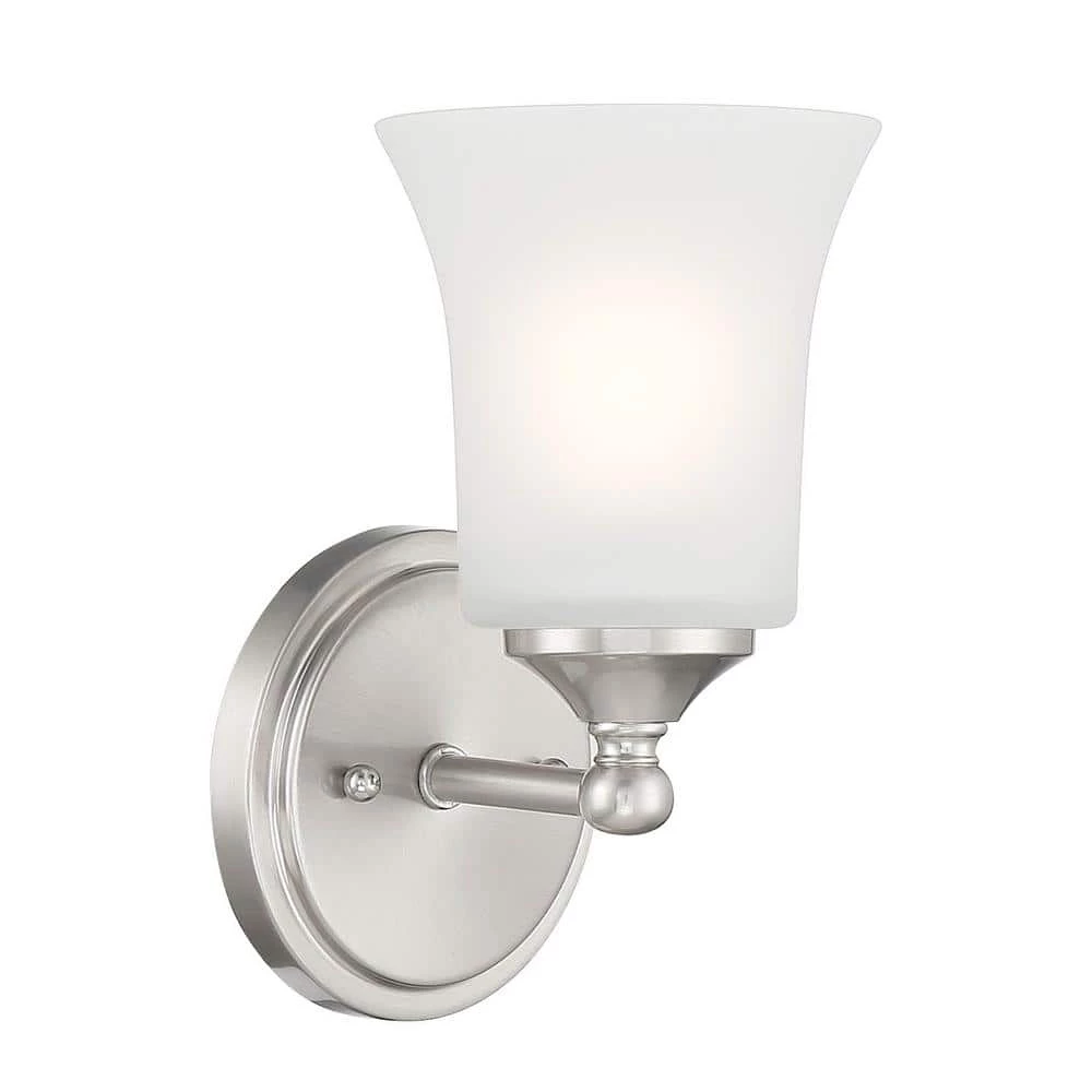 Bronson 9.5 in. 1-Light Brushed Nickel Wall Sconce with Frosted Glass Shade by Designers Fountain 3 Bronson 9.5 in. 1-Light Brushed Nickel Wall Sconce with Frosted Glass Shade by Designers Fountain