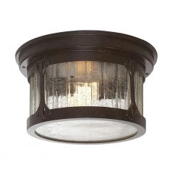 Canyon Lake 6.5 in. Chestnut 2-Light Outdoor Ceiling Flush Mount Lamp with Aged Crackle Glass Shade by Designers Fountain