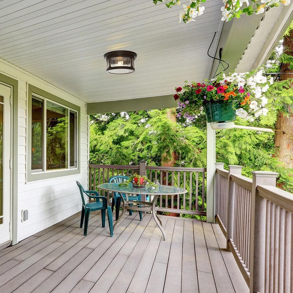 Canyon Lake 6.5 in. Chestnut 2-Light Outdoor Ceiling Flush Mount Lamp with Aged Crackle Glass Shade by Designers Fountain 4 Canyon Lake 6.5 in. Chestnut 2-Light Outdoor Ceiling Flush Mount Lamp with Aged Crackle Glass Shade by Designers Fountain - Image 2