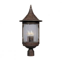 Canyon Lake 24 in. Chestnut 3-Light Outdoor Post Lamp with Aged Crackle Glass Shade by Designers Fountain