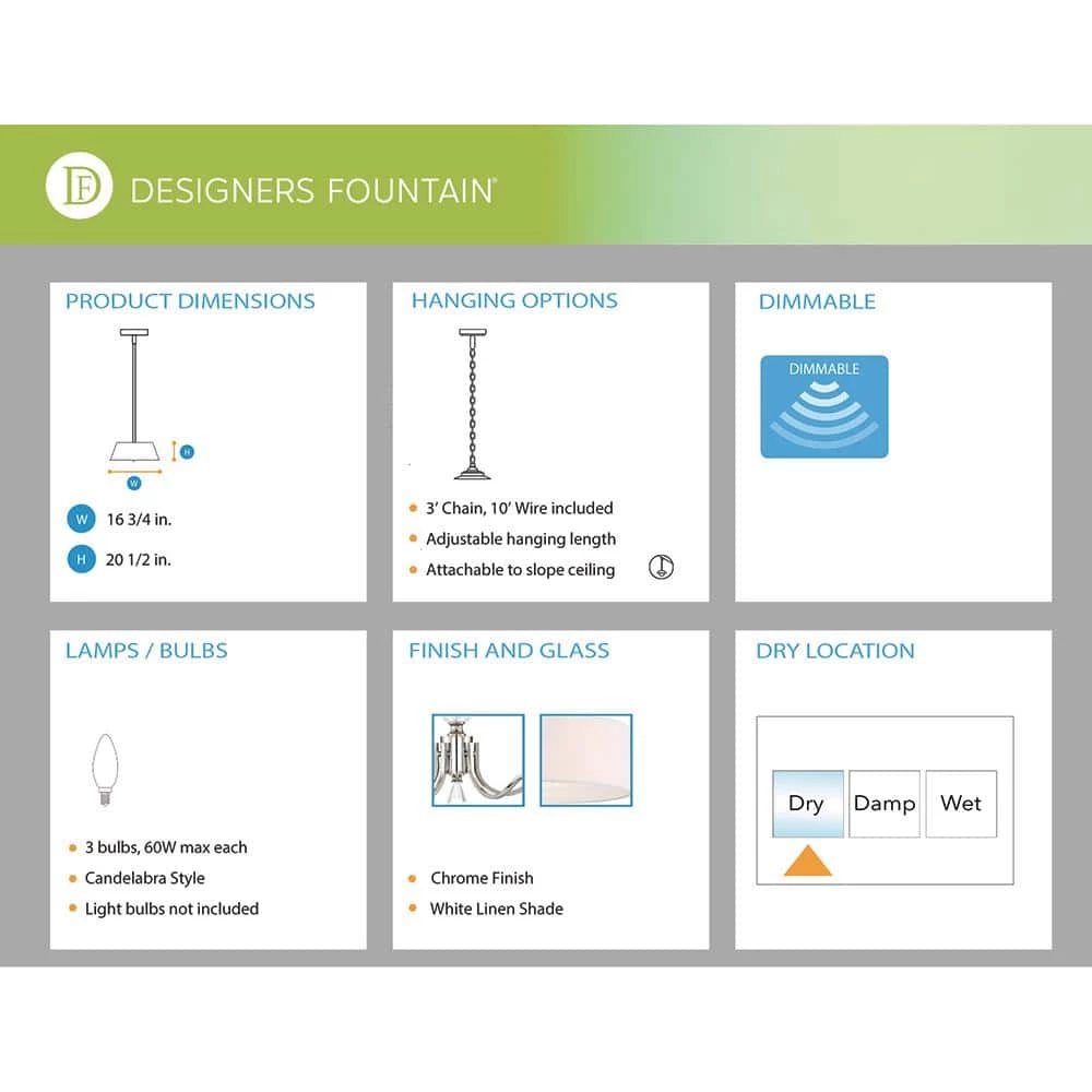 Evi 3-Light Chrome Chandelier with White Linen Clear Faceted Crystal Shade by Designers Fountain 6 Evi 3-Light Chrome Chandelier with White Linen Clear Faceted Crystal Shade by Designers Fountain - Image 4