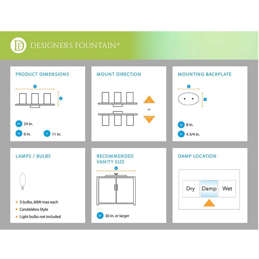 24 in. Welton 3-Light Chrome Retro Modern Bathroom Vanity Light with Clear Glass Shades by Designers Fountain 14 24 in. Welton 3-Light Chrome Retro Modern Bathroom Vanity Light with Clear Glass Shades by Designers Fountain - Image 12