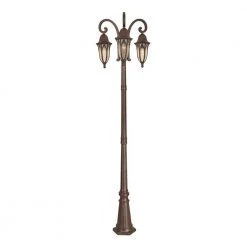 Berkshire 88.75 in. Burnished Antique Copper 3-Head, 3-Light Outdoor Post Lamp with Clear and Frosted Seedy Glass Shade by Designers Fountain