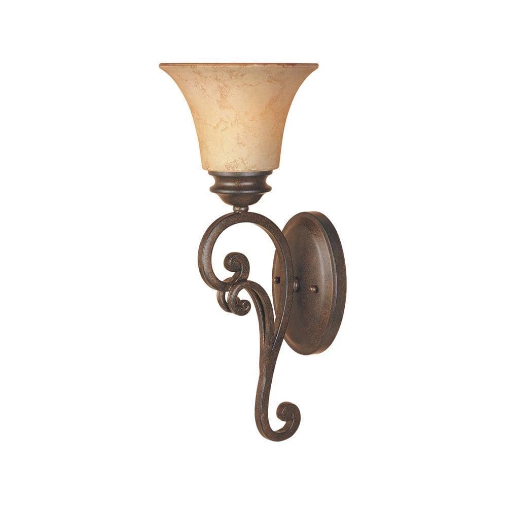 7 in. Mendocino 1-Light Forged Sienna Mediterranean Wall Mount Sconce Light with Amber Glaze Glass Shade by Designers Fountain 3 7 in. Mendocino 1-Light Forged Sienna Mediterranean Wall Mount Sconce Light with Amber Glaze Glass Shade by Designers Fountain