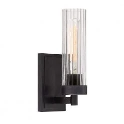 4.5 in. Braden 1-Light Iron Graphite Modern Wall Mount Sconce Light with Clear Striated Glass Shade by Designers Fountain