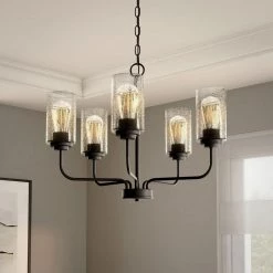Logan 5-Light Matte Black Chandelier with Clear Seedy Glass Shades by Designers Fountain -Designers Fountain Shop matte black designers fountain chandeliers 96485 mb e1 1000