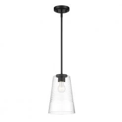 Ingo 8 in. 1-Light Matte Black Pendant Light with Clear Ribbed Glass Shade by Designers Fountain