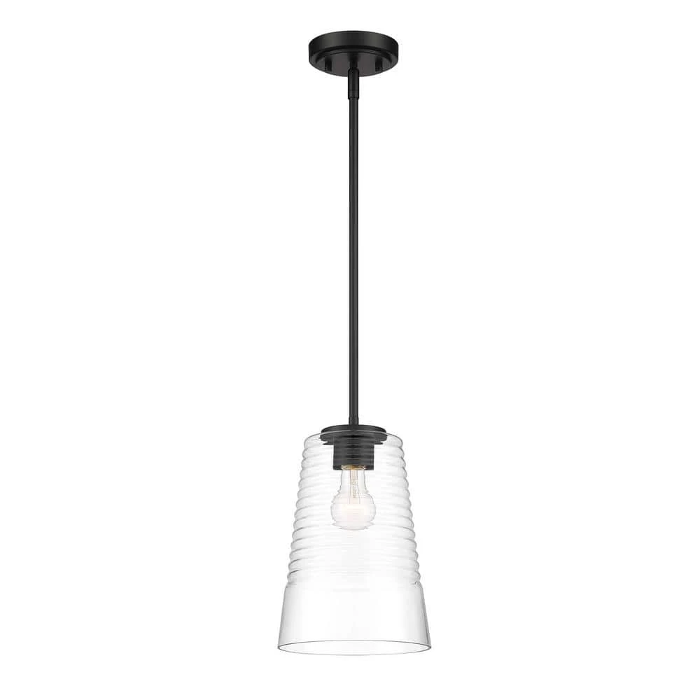 Ingo 8 in. 1-Light Matte Black Pendant Light with Clear Ribbed Glass Shade by Designers Fountain 3 Ingo 8 in. 1-Light Matte Black Pendant Light with Clear Ribbed Glass Shade by Designers Fountain