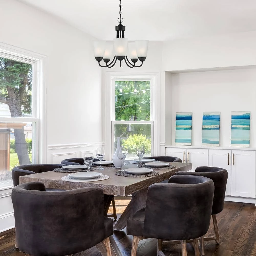 Malone 5-Light Matte Black Chandelier with Frosted Glass Shade by Designers Fountain 4 Malone 5-Light Matte Black Chandelier with Frosted Glass Shade by Designers Fountain - Image 2