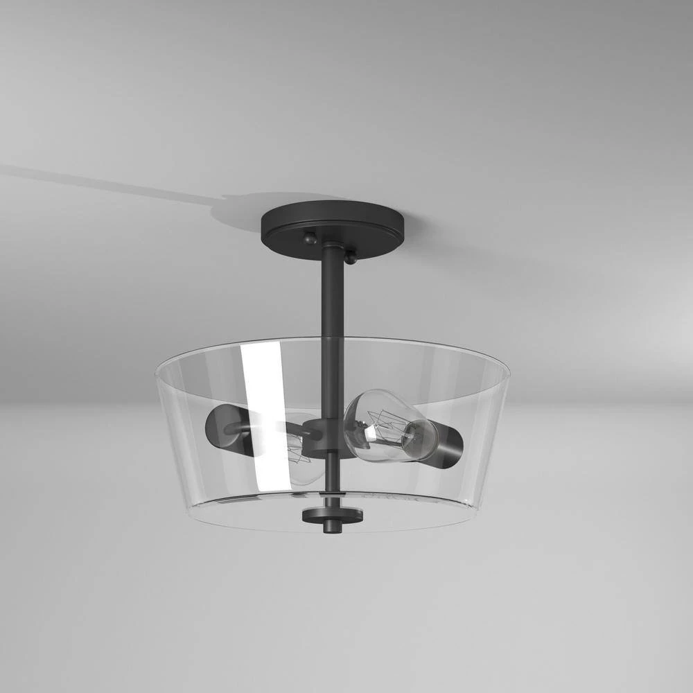 Westin 12 in. 2-Light Matte Black Modern Industrial Ceiling Light Semi Flush Mount with Clear Glass Shade by Designers Fountain 9 Westin 12 in. 2-Light Matte Black Modern Industrial Ceiling Light Semi Flush Mount with Clear Glass Shade by Designers Fountain - Image 7