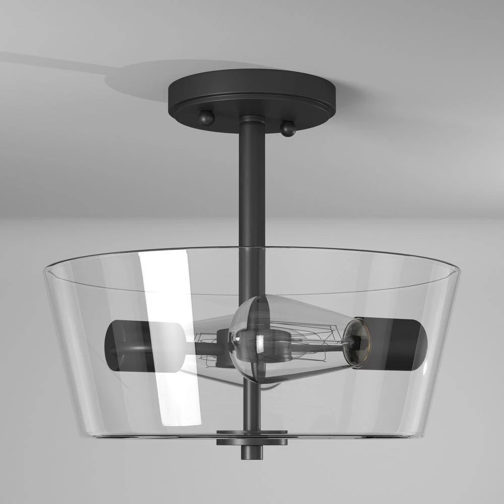 Westin 12 in. 2-Light Matte Black Modern Industrial Ceiling Light Semi Flush Mount with Clear Glass Shade by Designers Fountain 4 Westin 12 in. 2-Light Matte Black Modern Industrial Ceiling Light Semi Flush Mount with Clear Glass Shade by Designers Fountain - Image 2
