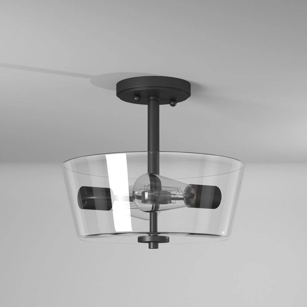 Westin 12 in. 2-Light Matte Black Modern Industrial Ceiling Light Semi Flush Mount with Clear Glass Shade by Designers Fountain 11 Westin 12 in. 2-Light Matte Black Modern Industrial Ceiling Light Semi Flush Mount with Clear Glass Shade by Designers Fountain - Image 9