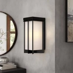 Eads 12 in. Matte Black LED Outdoor Wall Lamp with Etched White Glass Shade by Designers Fountain -Designers Fountain Shop matte black designers fountain outdoor sconces d248l 5ow mb 40 1000