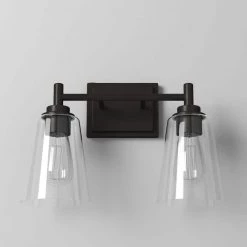 Westin 15 in. 2-Light Matte Black Modern Industrial Bathroom Vanity Light with Clear Glass Shades by Designers Fountain -Designers Fountain Shop matte black designers fountain vanity lighting 95702 mb 4f 1000