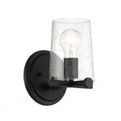 6 in. Matteson 1-Light Matte Black Industrial Wall Mount Sconce Light with Clear Seedy Glass Shade by Designers Fountain