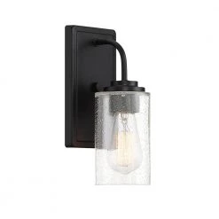 4.5 in. Logan 1-Light Matte Black Transitional Wall Mount Sconce Light with Clear Seedy Glass Shade by Designers Fountain