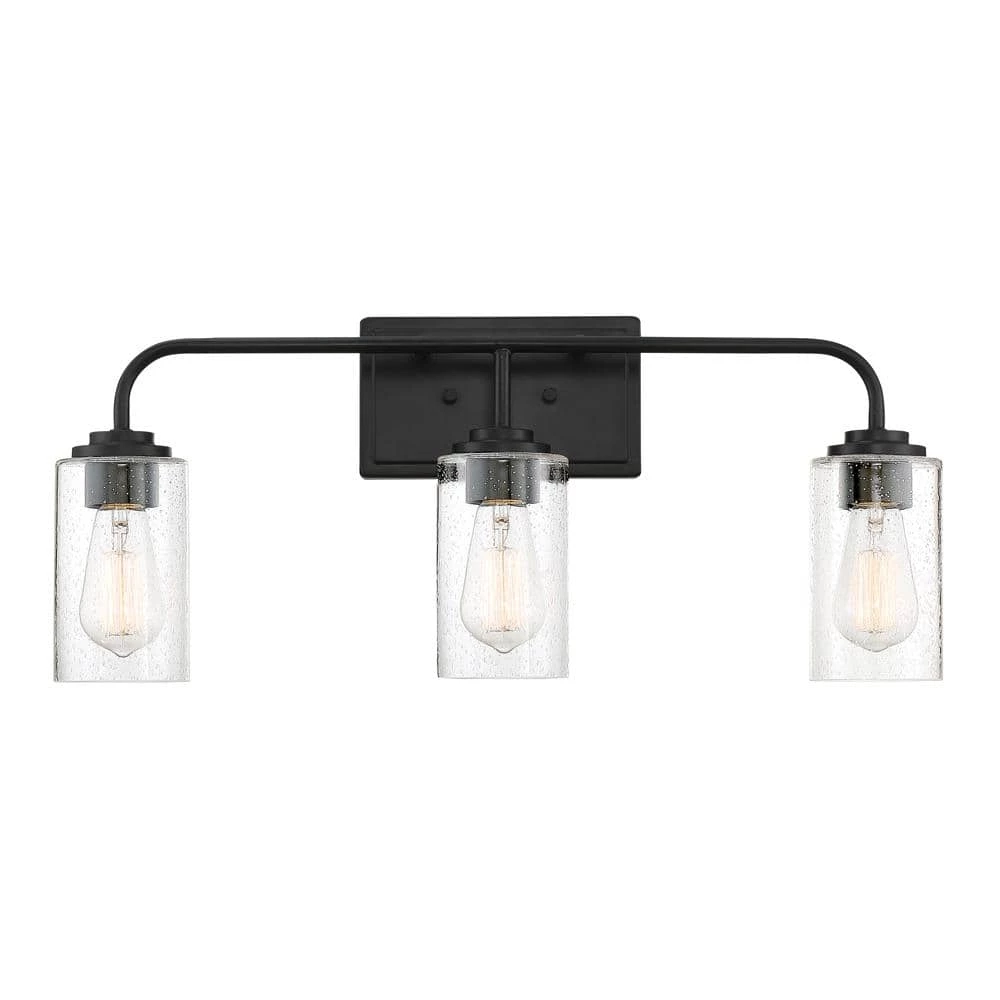 24.5 in. Logan 3-Light Matte Black Transitional Bathroom Vanity Light with Clear Seedy Glass Shades by Designers Fountain 3 24.5 in. Logan 3-Light Matte Black Transitional Bathroom Vanity Light with Clear Seedy Glass Shades by Designers Fountain