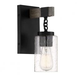 4.5 in. Fulton 1-Light Matte Black Industrial Wall Mount Sconce Light with Clear Seedy Glass Shade by Designers Fountain