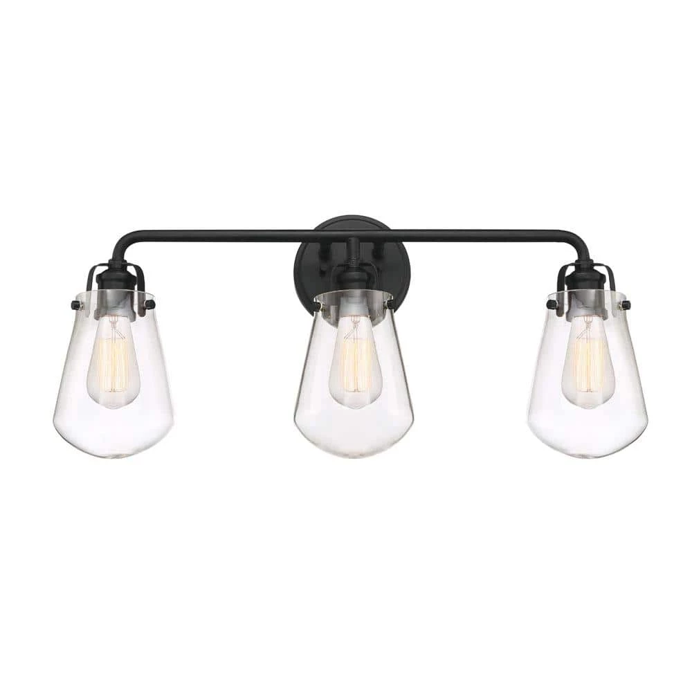 24 in. Elliott 3-Light Matte Black Industrial Bathroom Vanity Light with Clear Glass Shades by Designers Fountain 3 24 in. Elliott 3-Light Matte Black Industrial Bathroom Vanity Light with Clear Glass Shades by Designers Fountain