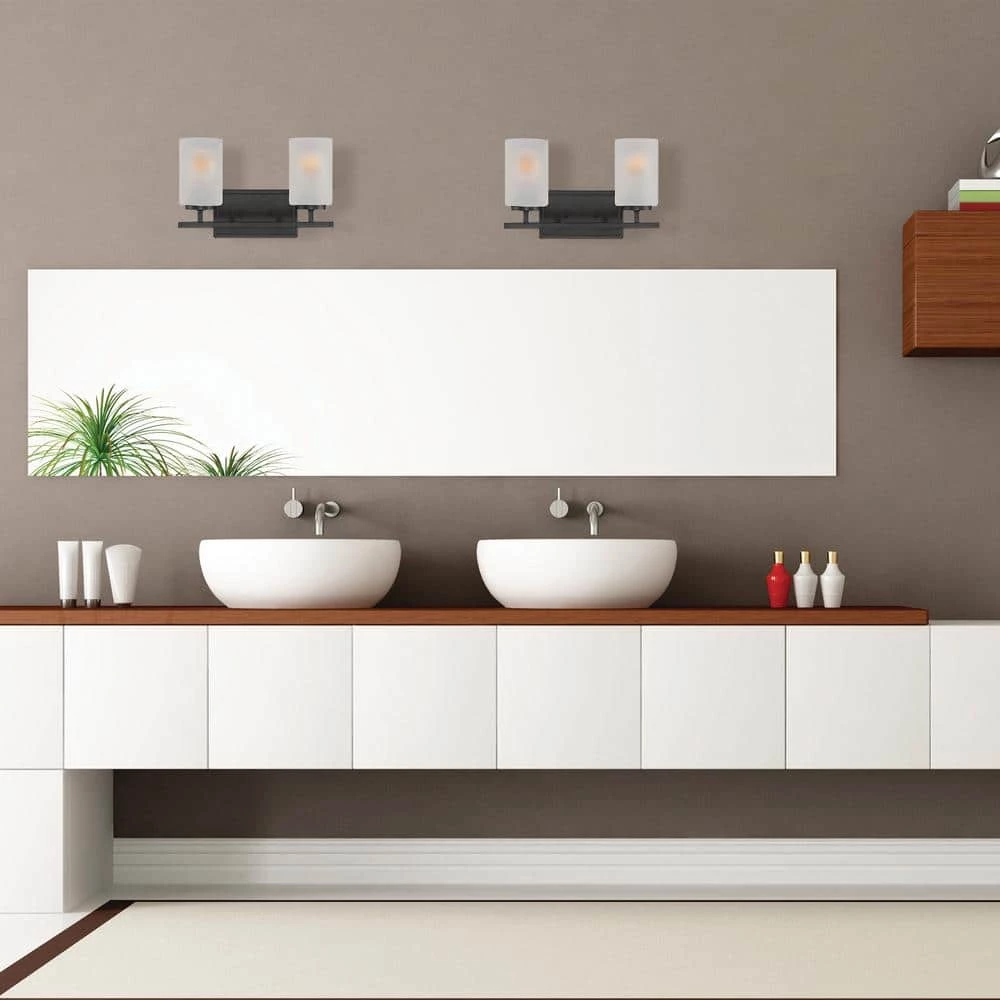 14 in. Carmine 2-Light Matte Black Modern Bathroom Vanity Light with Etched Glass Shades by Designers Fountain 4 14 in. Carmine 2-Light Matte Black Modern Bathroom Vanity Light with Etched Glass Shades by Designers Fountain - Image 2