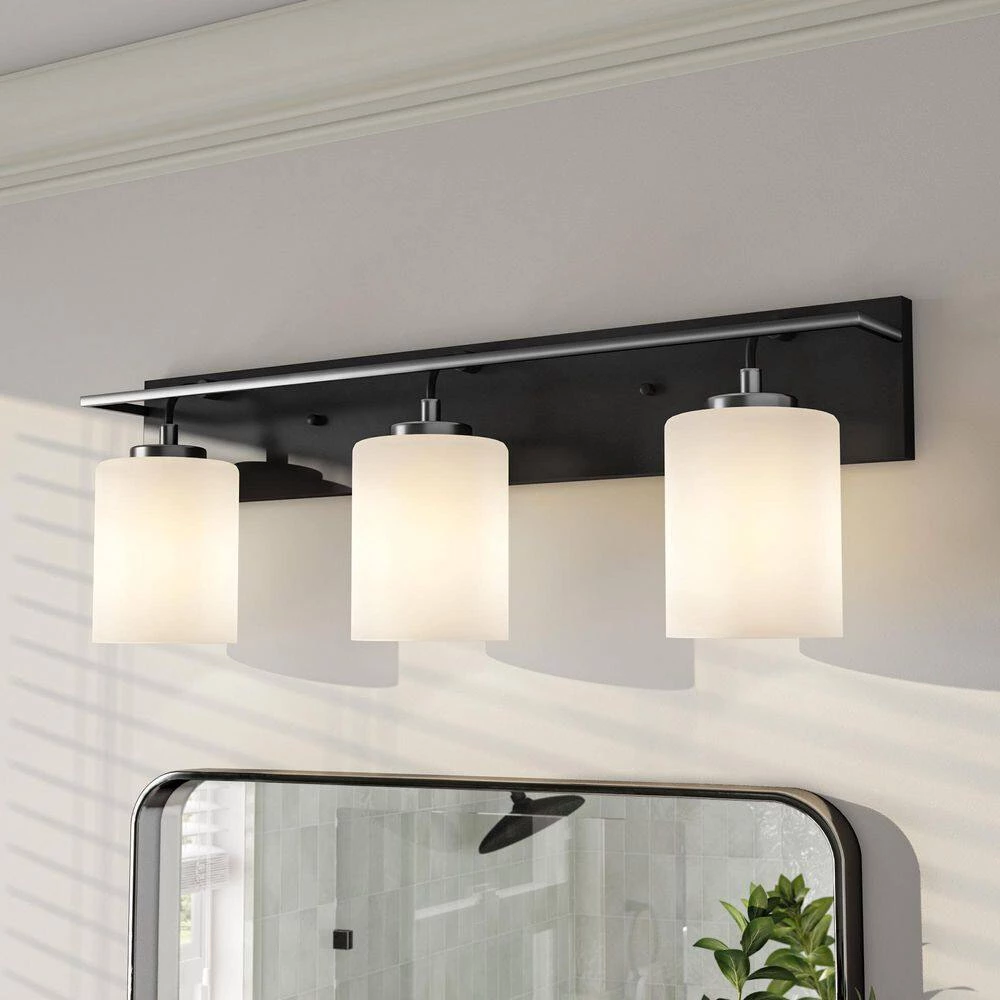 24 in. Prince St 3-Light Matte Black Modern Bathroom Vanity Light with Etched Opal Glass Shades by Designers Fountain 4 24 in. Prince St 3-Light Matte Black Modern Bathroom Vanity Light with Etched Opal Glass Shades by Designers Fountain - Image 2